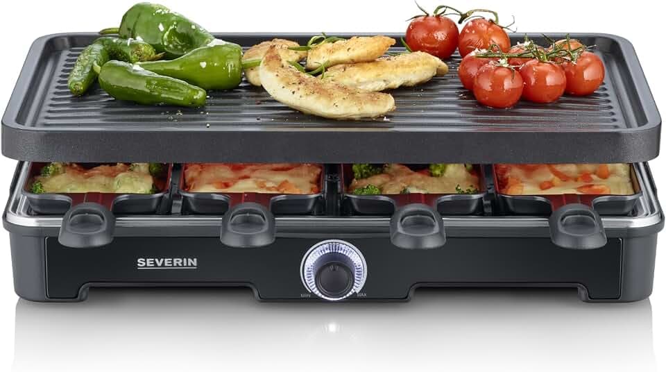 Severin Raclette-Grill, mit großer Grillplatte, Keramik- & Antihaftbeschichtung, 8 Raclette Pfännchen & 8 Spatel, Tischgrill für bis zu 8 Personen, 1.400 W Leistung, schwarz, RG 9670