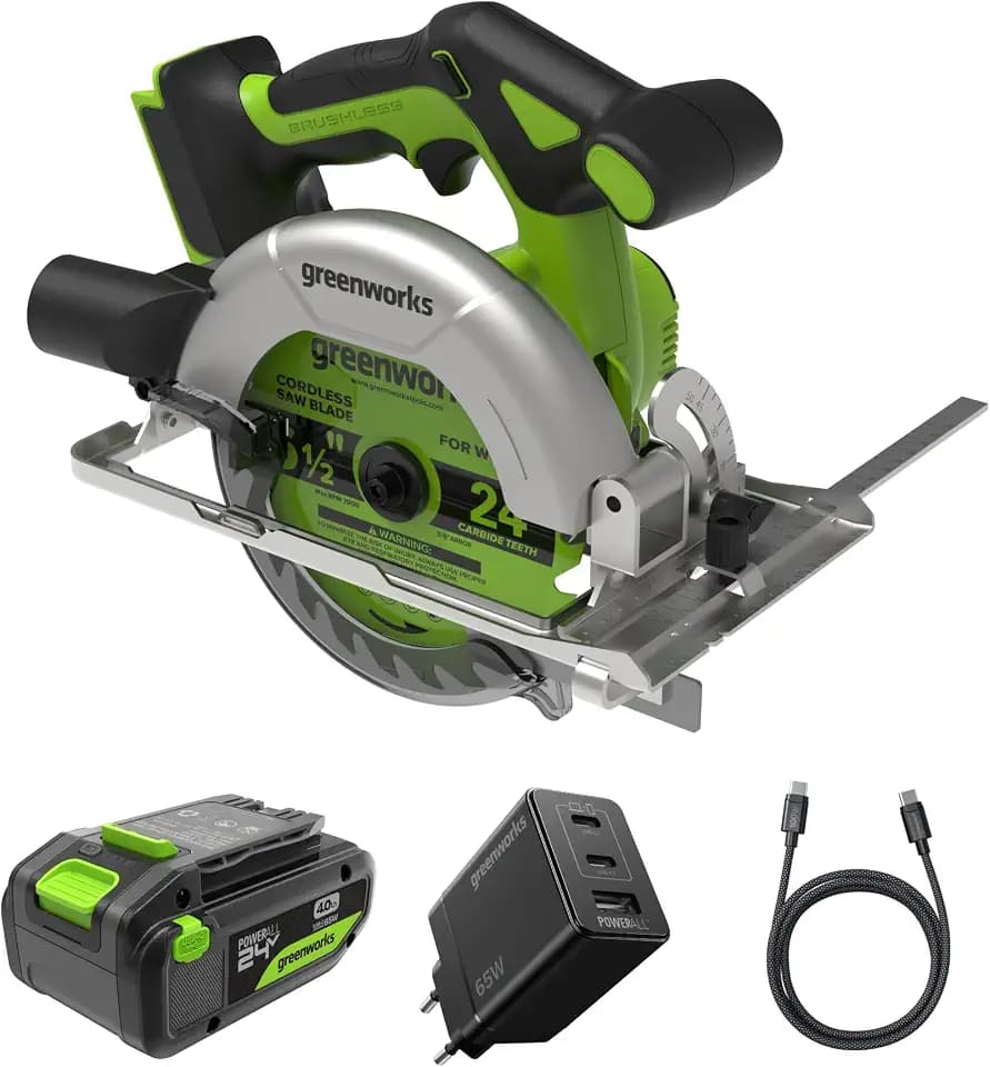 Greenworks 24V Bürstenlose 165mm Akku-Kreissäge, 5.000 U/min, 20mm Sägeblatt, Einstellbare Schnitttiefe 45°/90°, LED-Licht, Mit Batterie und Ladegerät CRG404