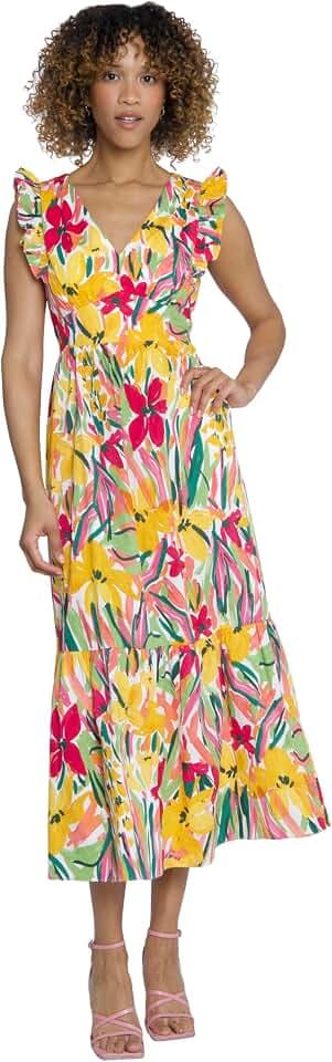 Maggy London Womens Women's Cocktail Dress with V-Neck, Ruffle, Pockets Maxi | Summer Dresses for Women