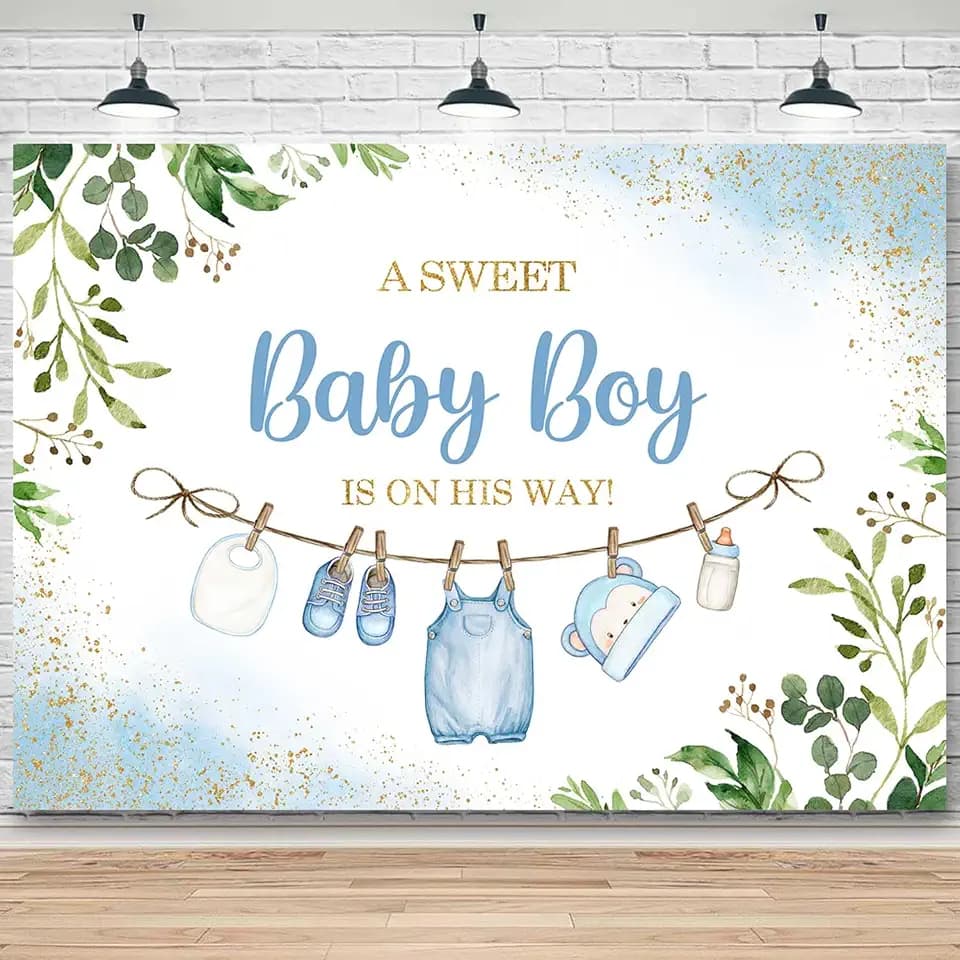 Sensfun Cute Clothes Baby Shower Backdrop Banner Decorations for Boy Blue