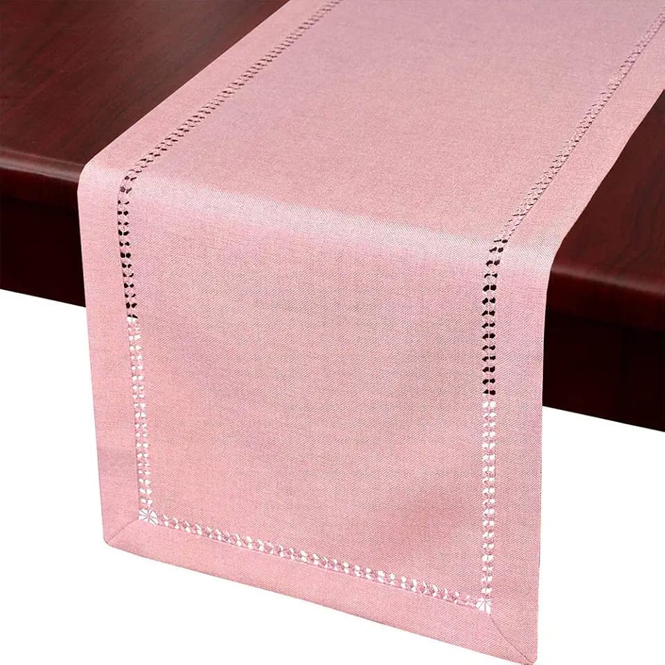 Grelucgo Large Handcrafted Solid Color Dining Table Runner, Double-Hemstitched (Pink, 14 x 108)