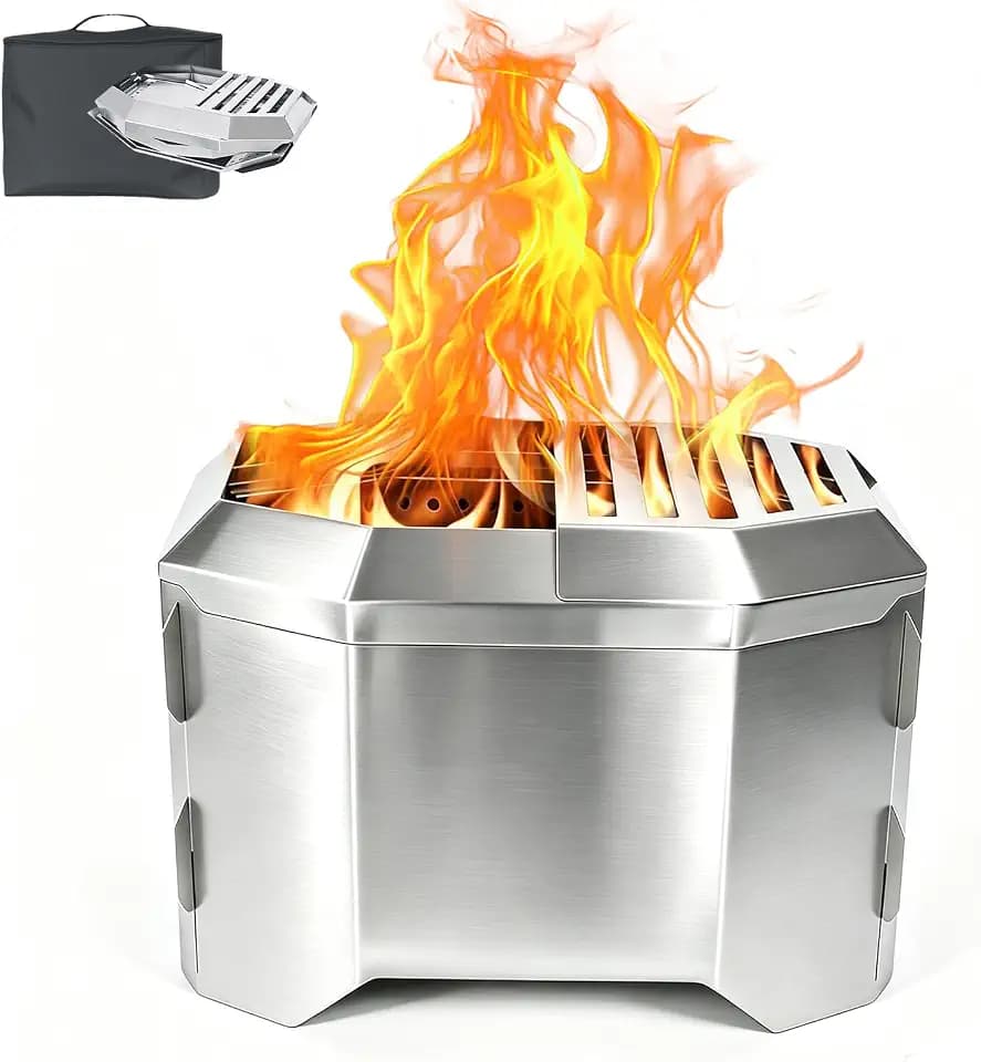 Foldable Smokeless Fire Pit, Portable Wood Burning Fire Pit for Camping & Backyard, Collapsible Stainless Steel Firepit with Carry Bag, Compact Flat Pack Outdoor Fire Pit