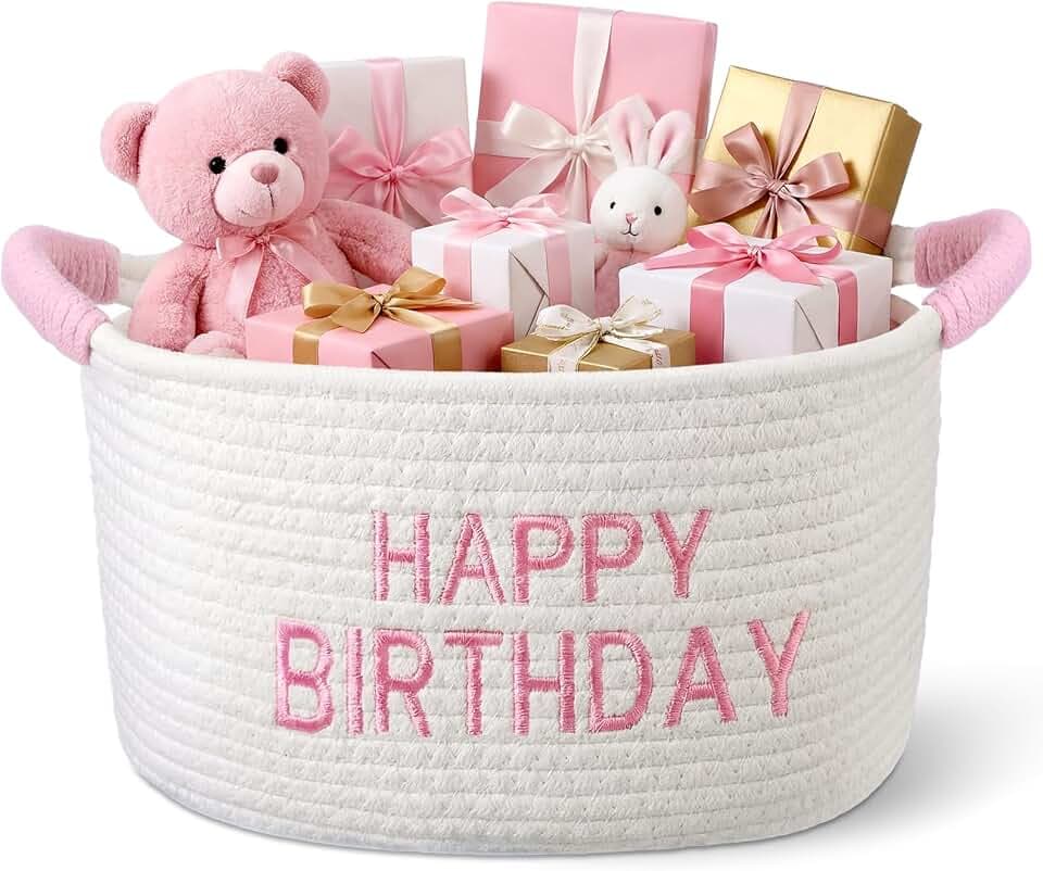 Yungyan Happy Birthday Cotton Rope Basket with Handles, Pink