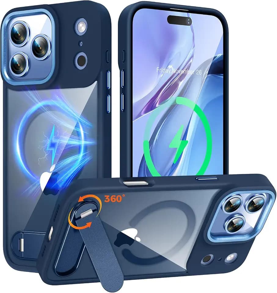 Reukdnv Clear Magnetic iPhone 17 Pro Max Case Fit for MagSafe, 360° Rotatable Kickstand, Mil-Grade Drop Protection, Anti-Yellow Transparent Slim Phone Case Non-Slip Phone Cover for iPhone 17 Pro Max