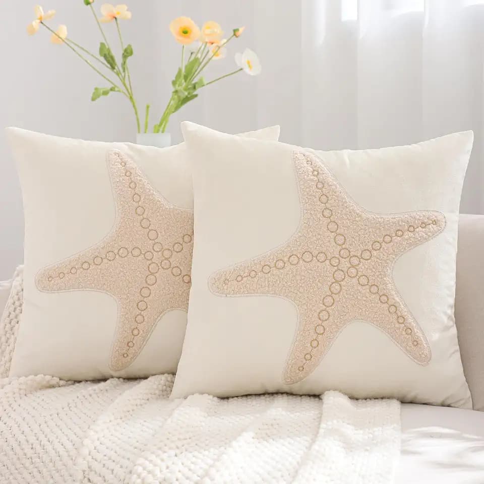Embroidered Throw Pillow Covers 18x18 inch Pack of 2 Beige Starfish
