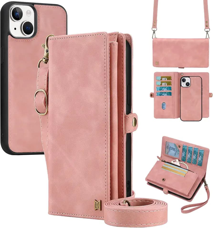 for Wallet Case Compatible with iPhone 13,Multi-Function Detachable 2 in 1 Magnetic iPhone 13 Case Wallet,Flip Strap Zipper Card Holder Phone Case with Shoulder Straps (Pink)