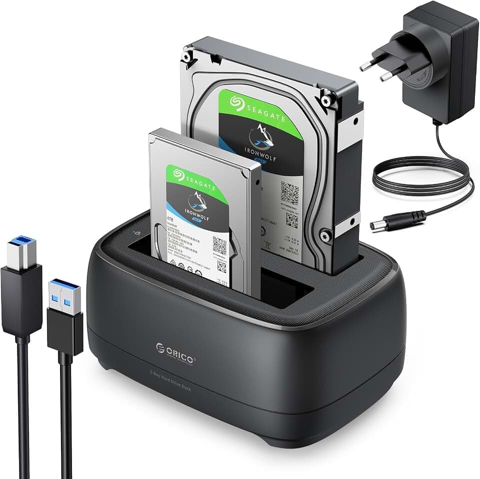 ORICO Dualschacht 3,5 Zoll Festplatten Dockingstation, USB 3.0 HDD Docking Station für SATA 2,5/3,5 Zoll HDD/SSD,Unterstützt UASP und 20TB Laufwerke(DD28U3)