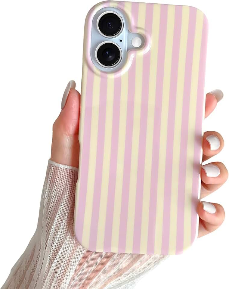 Kompatibel mit iPhone 16 Hülle, Süßes Striped Handyhülle, Weiches TPU, Schlanke, Stoßfeste Telefonabdeckung für Frauen und Mädchen, Schön und Stilvoll, Rosa und gelb