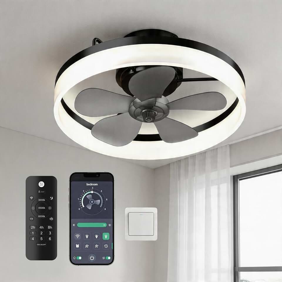 Ceiling Fans with Lights and Remote, 19.7" Dimmable LED, Black