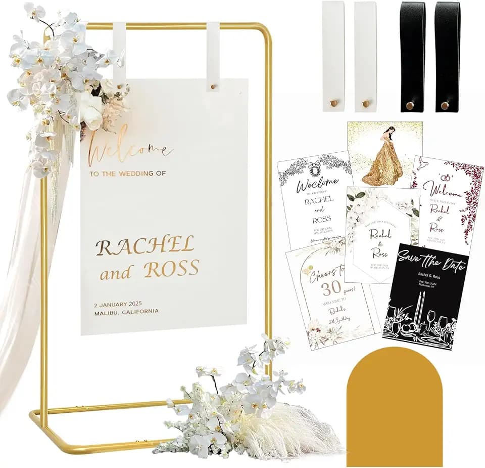 Wedding Sign Holder, Adjustable Welcome to Our Wedding Sign Stand W/Design Bundle & Leather Sign Hanging Straps, Heavy Duty Easel Stand for Sign, Wedding Seating Chart Stand, Easel for Display (Gold)