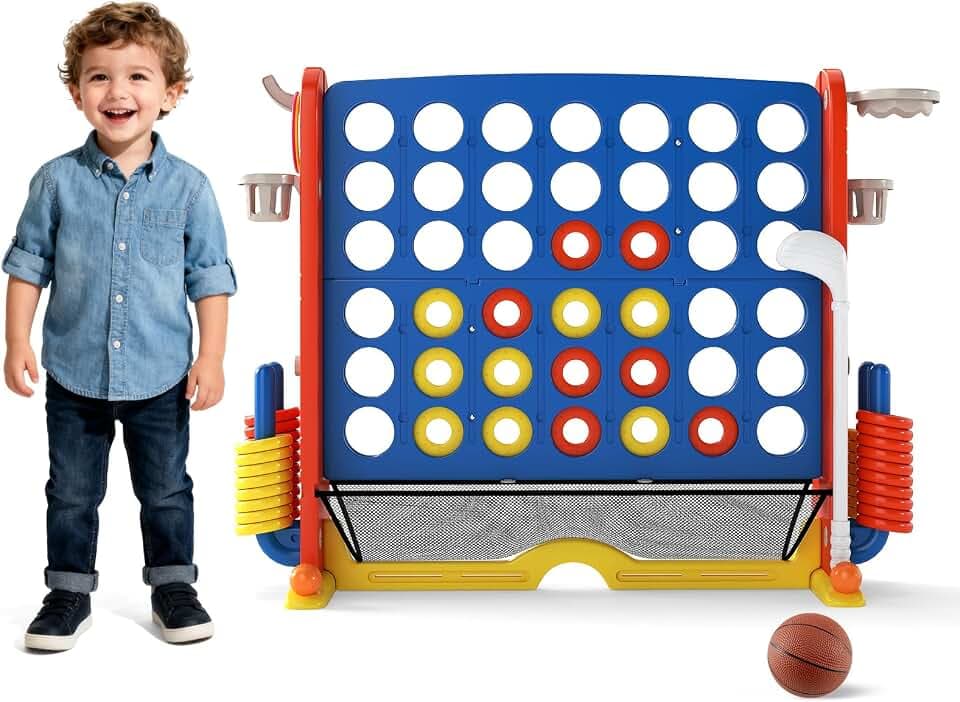 FANTASK 4-in-1 Riesenspiel Set, Vier Gewinnt XXL mit Ringwurf, Basketballkorb & Golfspiel, Garten Spiel mit Getränkehalter, Netzfach & Tragetasche, für Kinder und Erwachsene (Blau)