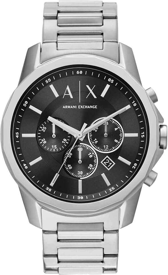 Armani Exchange Silver Tone Watch for Men, Quarz-Chronographenwerk und 44mm Gehäusegröße mit Edelstahlarmband