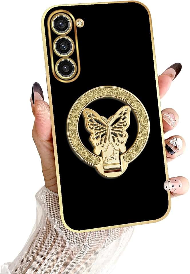 nancheng Compatible with Samsung Galaxy S23 Plus Case for Women/Girls, Cute Butterfly Kickstand with Wrist Lanyard Shockproof Protective Phone Cover - Black