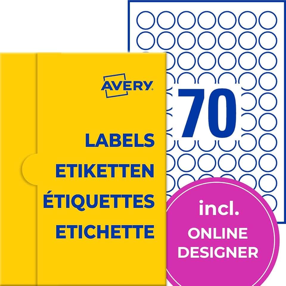 AVERY Zweckform P3414-25 Runde Etiketten (1.750 Klebepunkte, Ø25mm auf A4, runde Aufkleber zum Bedrucken, selbstklebende Produktetiketten, permanent haftende Marmeladenetiketten) 25 Blatt, weiß