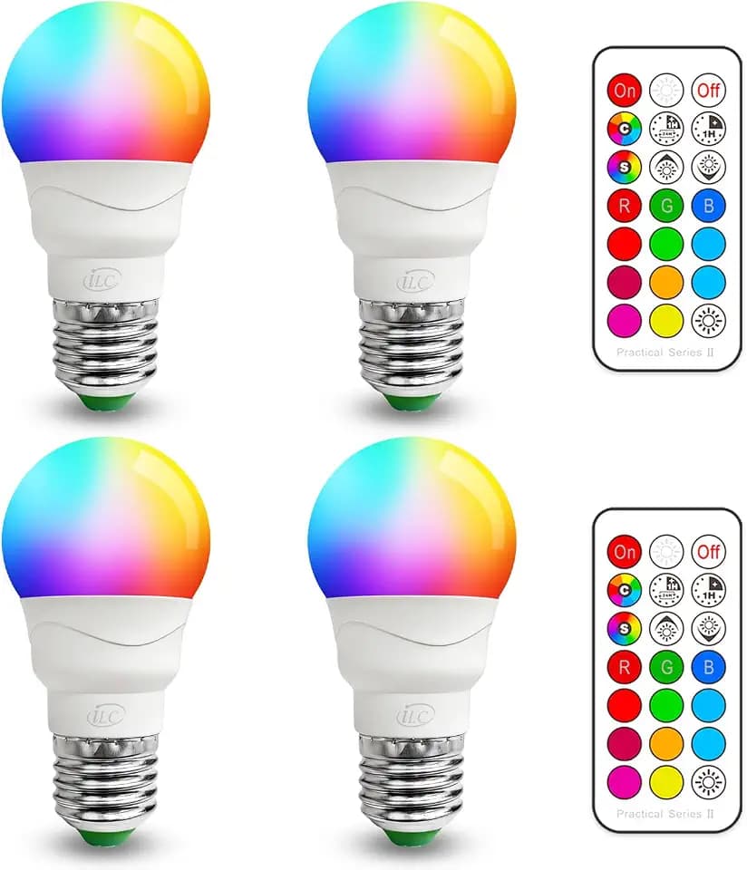 iLC E27 Glühbirne mit Fernbedienung, 5W Farbwechsel Farbige Leuchtmittel LED Lampe Edison Dimmbare Farbige Leuchtmitte 2700K Warmweiß Lampen RGB LED Birnen - 12 Farben - (4-er Pack)