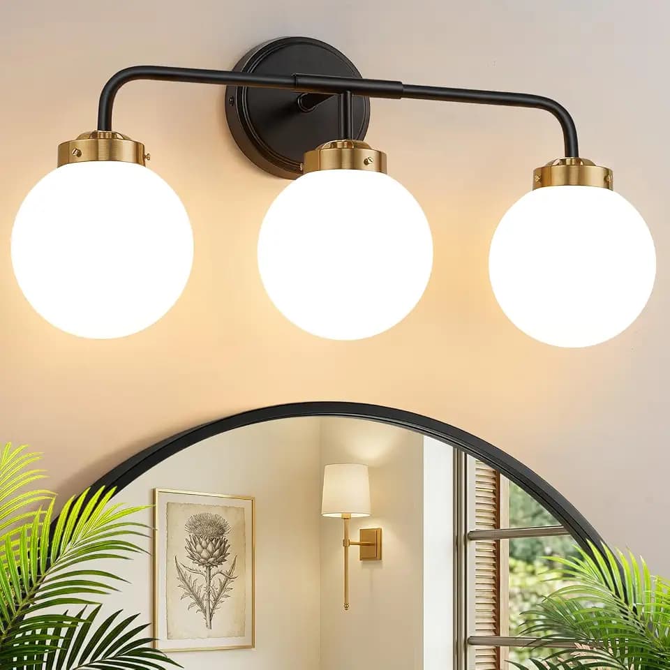 Modern Black and Gold Vanity Lights for Bathroom, Mid Century 3 Light Bathroom Vanity Light with Globe Milky White Glass Shade Over Mirror, Black and Gold Wall Sconce for Bathroom Hallway Living Room