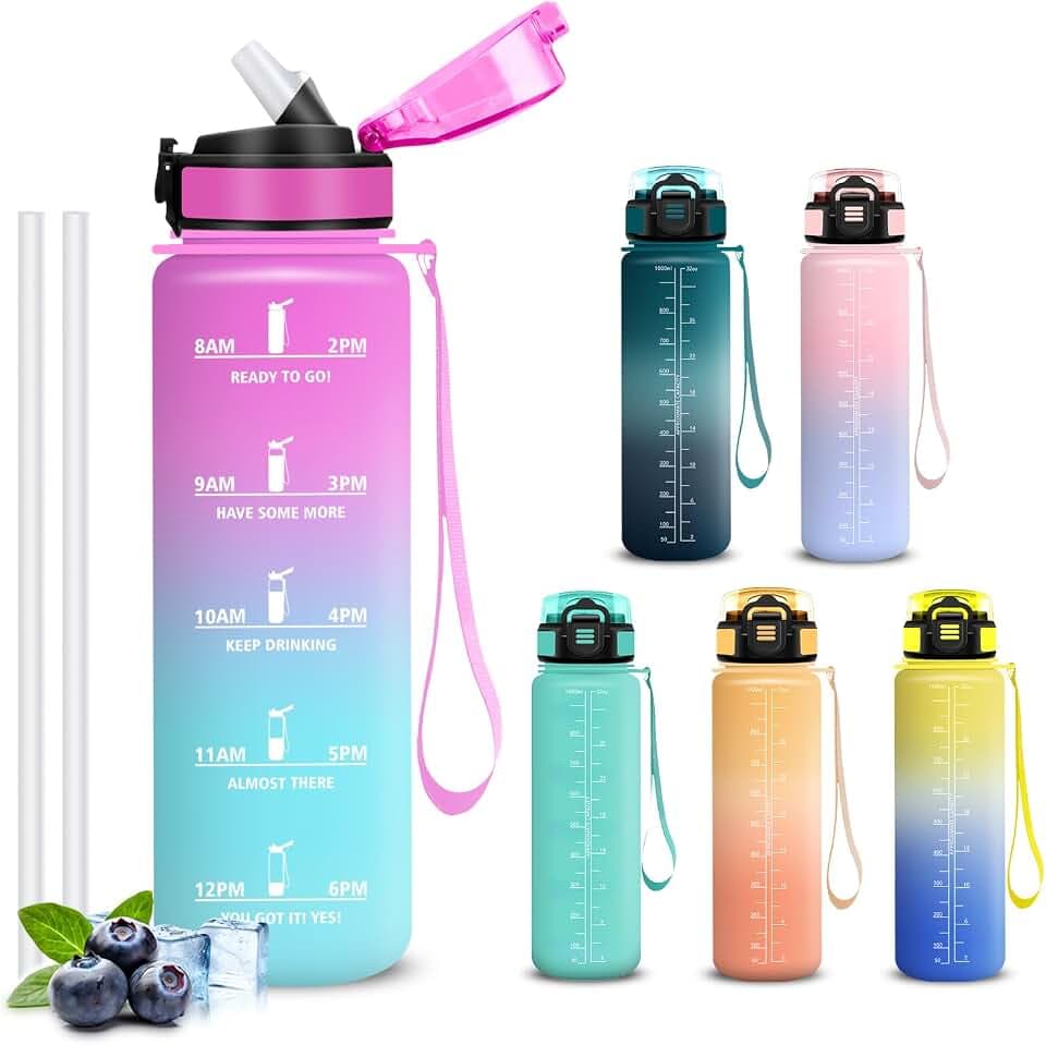 Trinkflasche 1l, Trinkflasche Sport, Wasserflasche mit Strohhalm, Flasche mit Zeitmarkierung und Schnürung, Wasserflasche Auslaufsichere Flasche für Fitness, Outdoor, Büro, Reisen