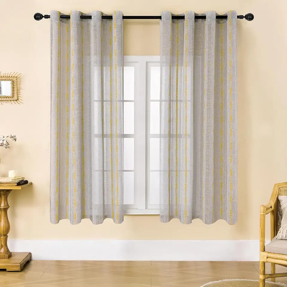Estelar Textiler Grey Linen Curtains 63 Inch Length, Soft Boho Textured Embroidered Curtains for Living Room, Light Filtering Grommet Semi Sheer Drapes for Bedroom, 52Wx63L, Gray, 2 Panels