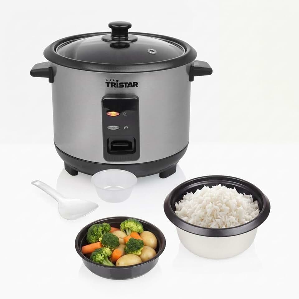 Tristar Reiskocher, 1 L Kapazität für bis zu 5 Portionen, Edelstahlgehäuse, Antihaft-Innentopf, Dampfeinsatz, Warmhaltefunktion, 400 W, RK-6144