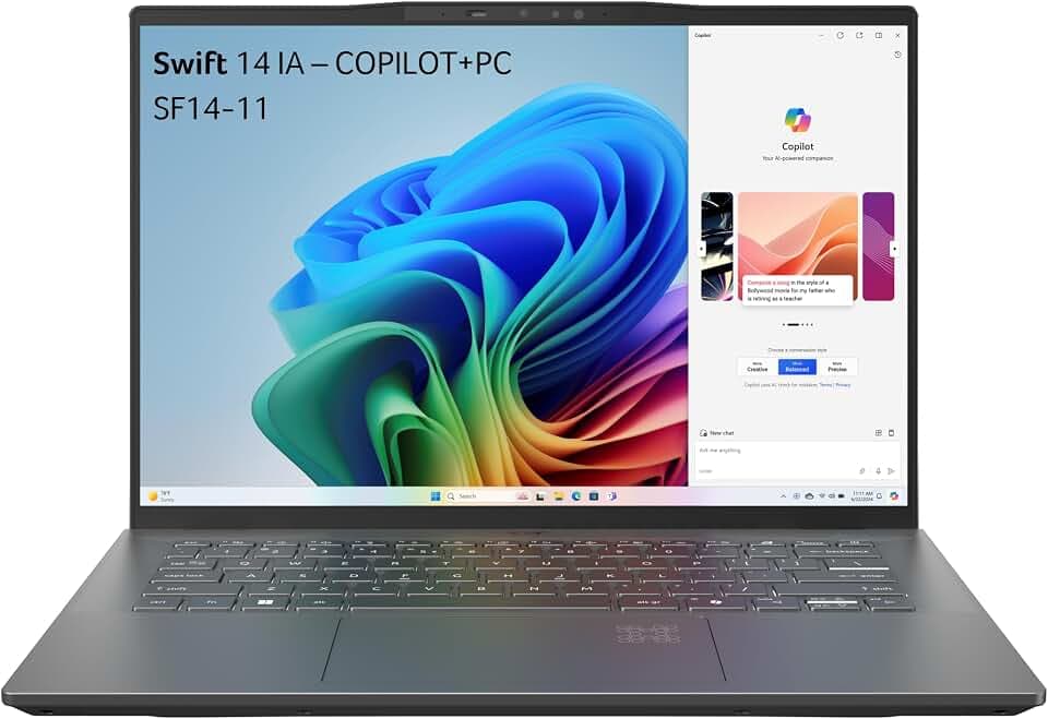 Acer Swift SF14-11-X54K, Laptop Copilot IA 14,5 Zoll WQXGA IPS 120 Hz (Qualcomm Snapdragon X Plus, RAM 16 GB, 1024 GB SSD, Qualcomm Adreno, Windows 11 Familie) AZERTY-Tastatur, Laptop grau