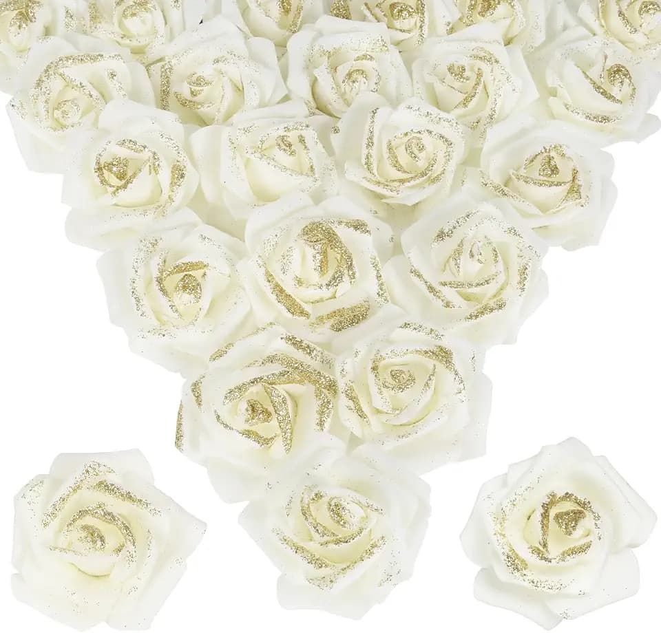 Gold Glitter Ivory Roses 100pcs Stemless Foam Flowers Artificial Real Looking for Craft Centerpiece Table Decorations Wedding Decor