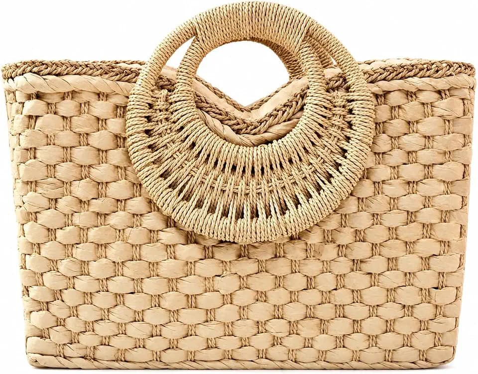 Straw Tote Bag for Women - Summer Handwoven Rattan Beach Purse Wood Handle