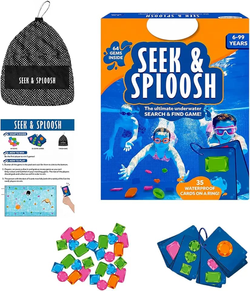 99 Stück Pool Spielzeug,Unterwasser Suchspiel mit 64 Edelsteinen & 35 Karten,inkl.Tauchringe,Netzbeutel,geeignet für Sommer,Schwimmbad,Garten,Party