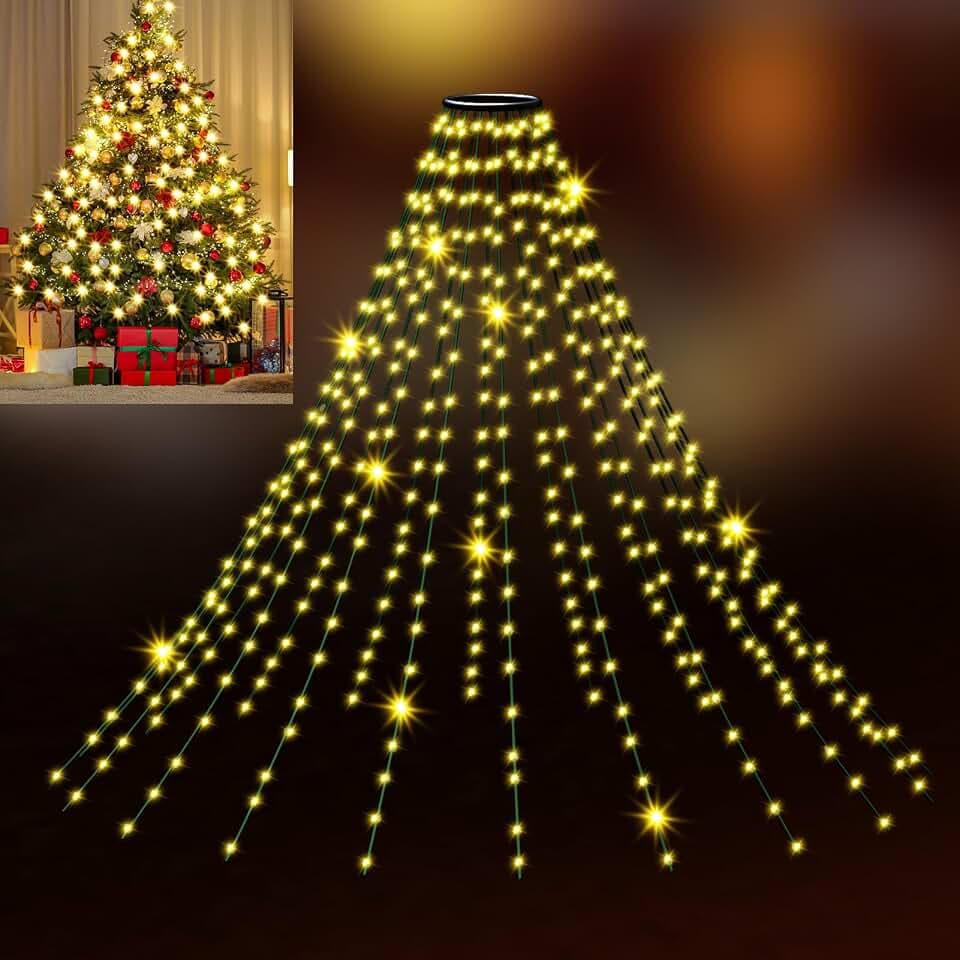 Uping Lichterkette Weihnachtsbaum mit Ring, 2m 400 LED Lichterkette außen 20 Stränge, weihnachtsbeuleuchtung innen 8 Modi Timer, wasserdicht für 150, 180, 240cm Tannenbaum (Warmweiß)