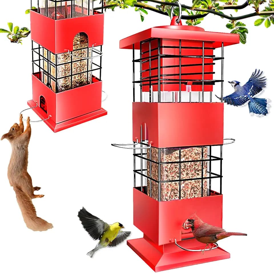 Squirrel Proof Bird Feeder, 3.5Lbs Metal Wild Bird Feeders Anti Squirrel with 4 Feeding Ports for Garden Bird Feeding Station Outdoors Hanging, Pigeon Resistant, Easy to Clean & Refill (Red)