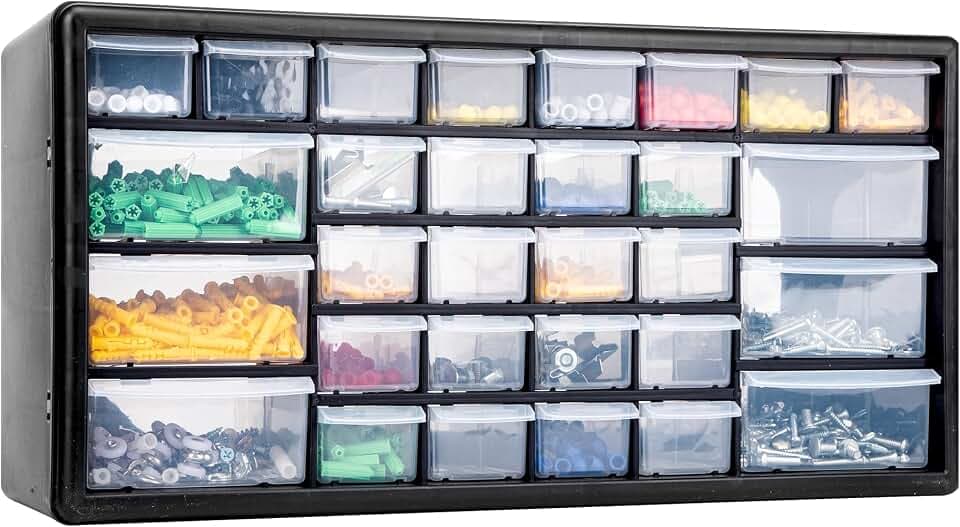 CraftGenes Schraubenaufbewahrungs-Organizer – Aufbewahrungsbox für Garage & Werkstatt mit 30 Schubladen mit verstellbaren Trennwänden, wandmontierbarer Werkzeugaufbewahrungs-Organizer (schwarz)