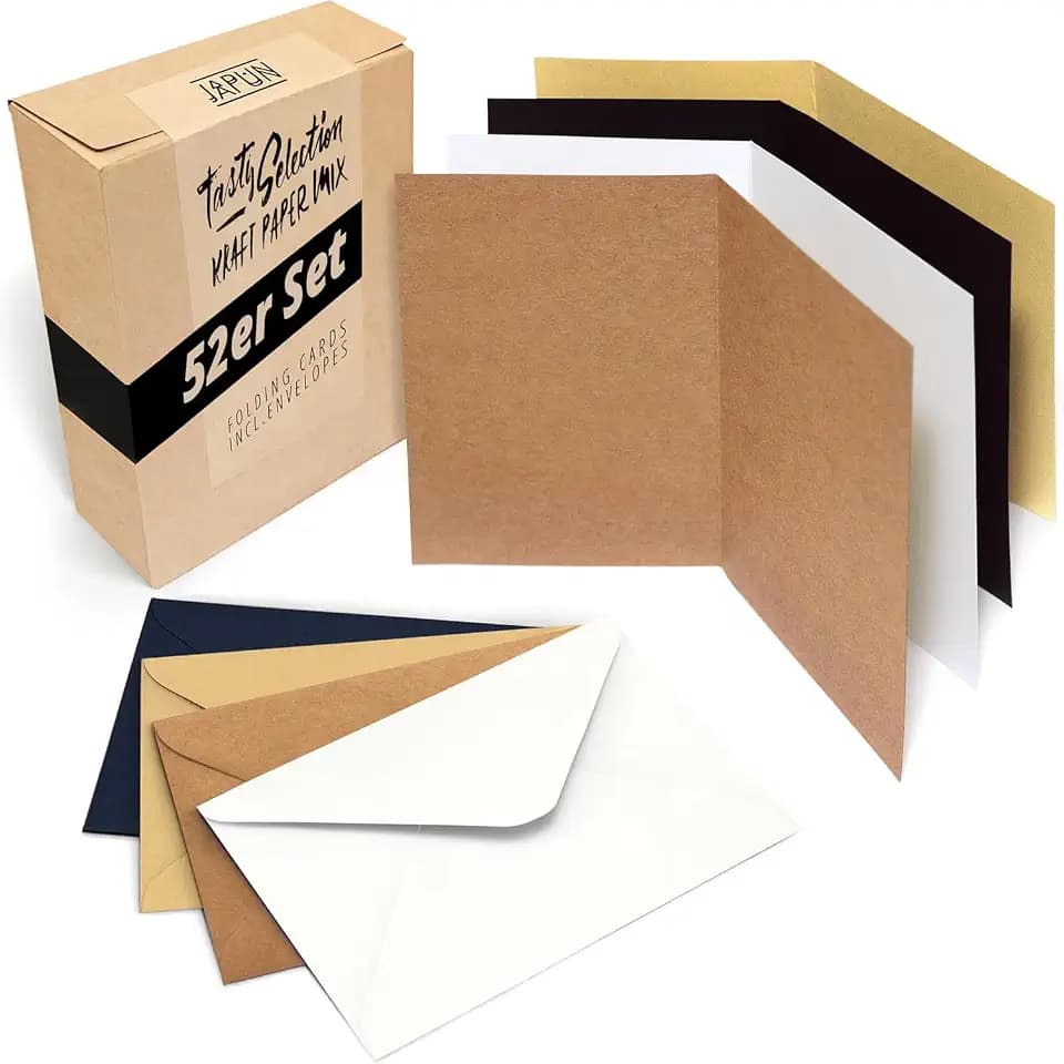 Japun - 52er Set Falt-Karten und Briefumschläge, DIN A6/C6, Kraftpapier-Mix