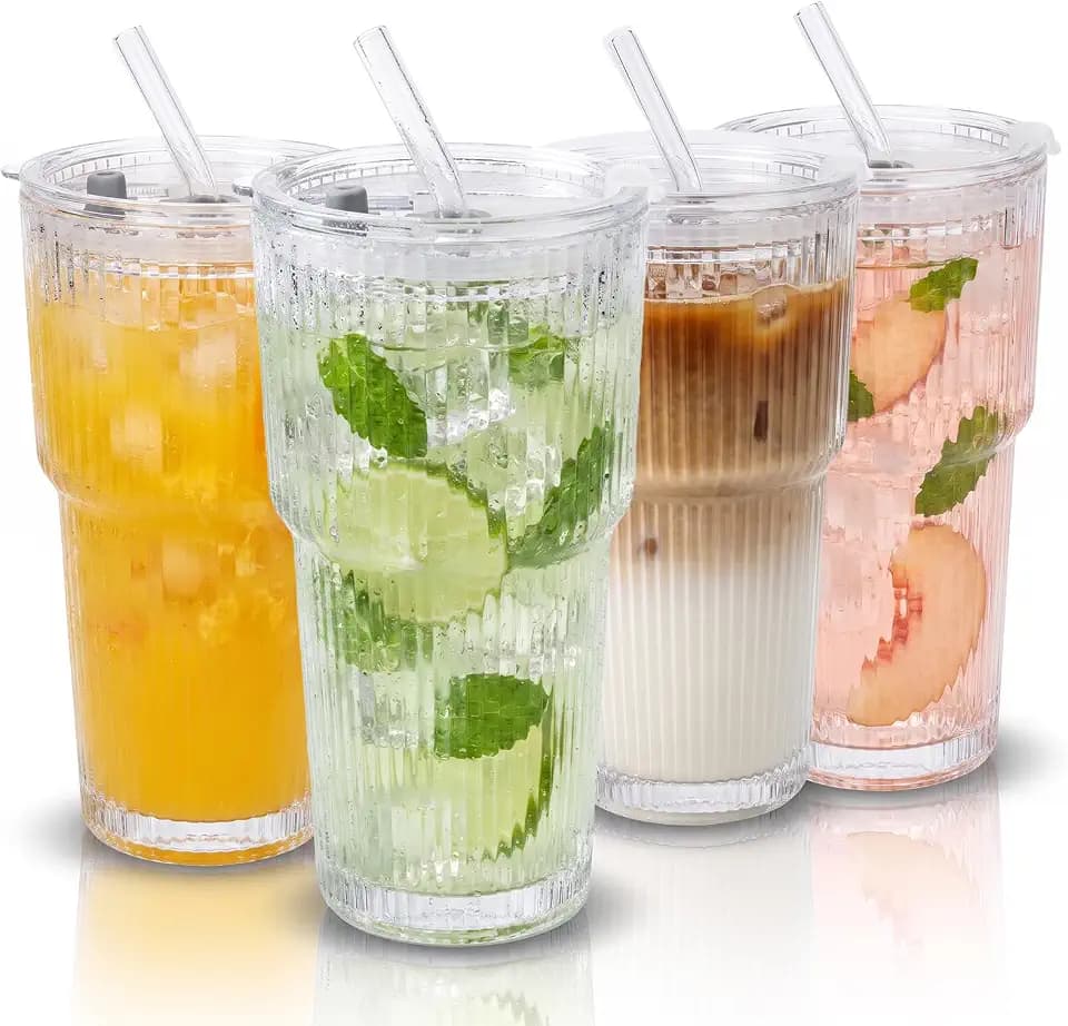 Eathtek 4 Pack 20 oz Ribbed Glass Tumblers with Lids & Straws