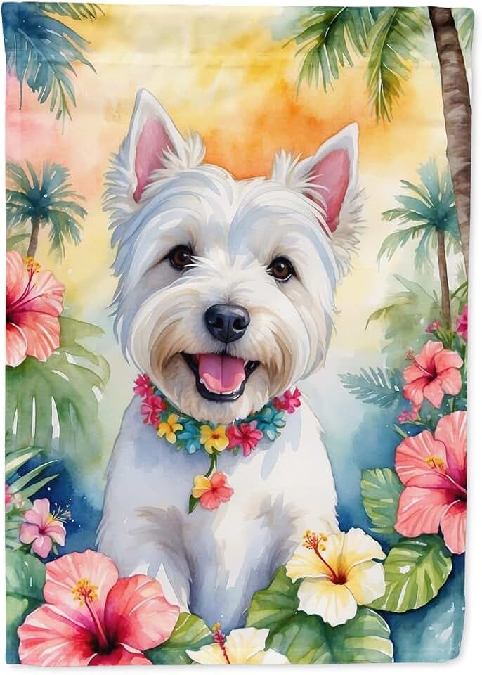 Caroline's Treasures DAC6535CHF Westie Luau House Flag Large Porch Sleeve Pole Decorative Outside Yard Banner Artwork Wall Hanging, Polyester, House Size, Multicolor