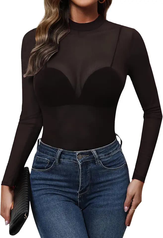 Mesh Top for Women Long Sleeve See Through Mesh Shirt Sheer Blouse Clubwear