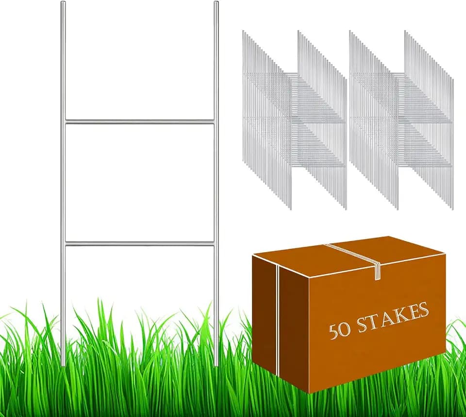 50 Pack H Frame Wire Stakes 20"x10", Metal Yard Sign Stakes for 4mm,5mm and 6mm Corrugated Plastic Yard Signs