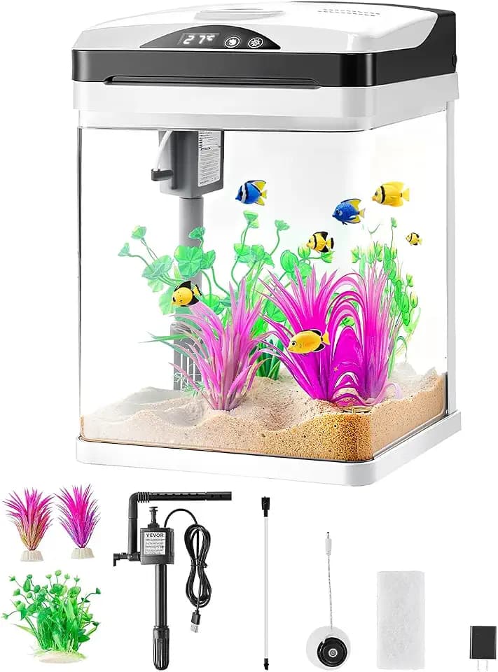VEVOR Fish Tank Aquarium, 2 Gallon LED Square Ultra-Clear Glass Tank Temperature Monitoring Adjustable 7 Color Lighting, Self Cleaning System Fishbowl for Freshwater & Saltwater Fish Home,Office,Pet