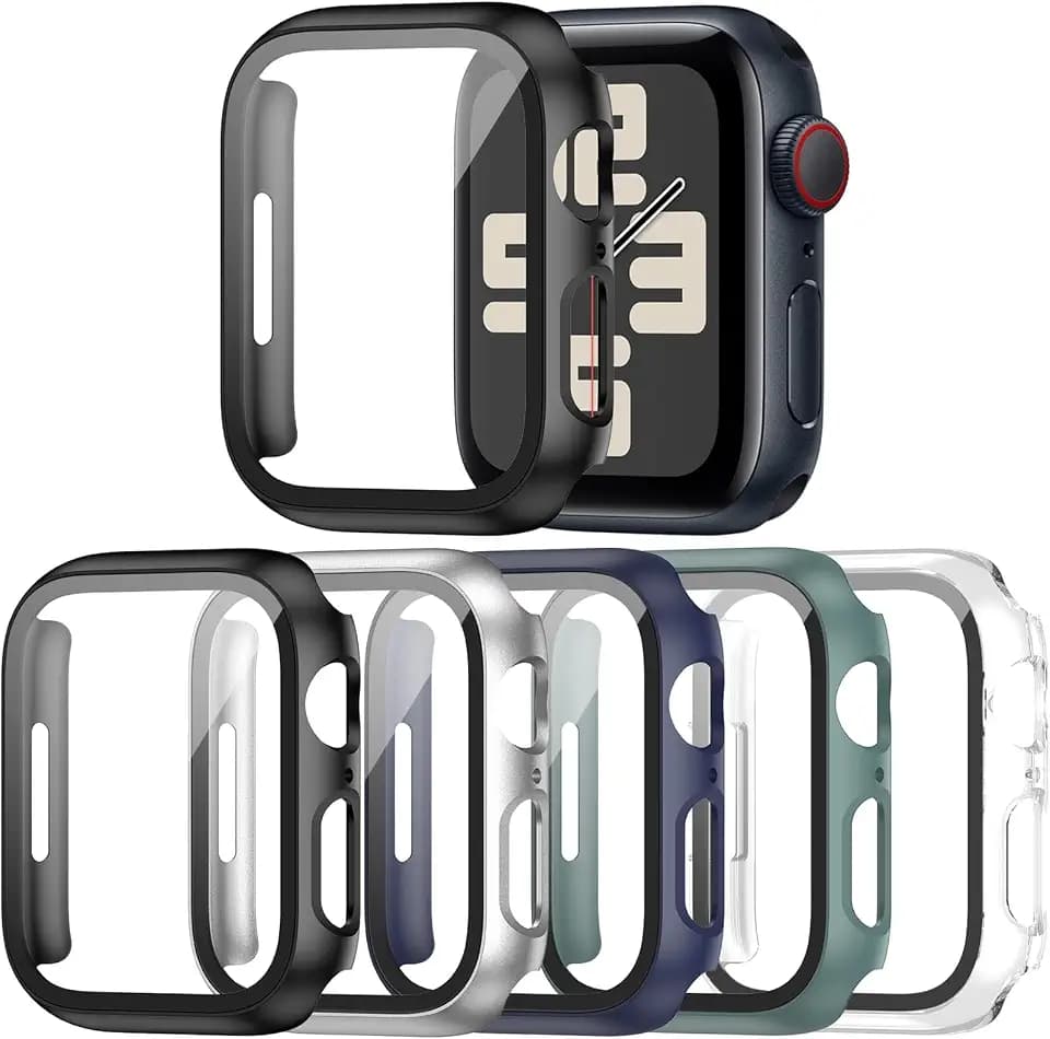 5 Stück Hard PC Schutzhülle für Apple Watch Serie SE/SE 2/6/5/4 40mm, iWatch Hülle Mit Glas Displayschutz, schutzfolie gehärtetem Glas Gesamtblasenfreie Abdeckung für iWatch-Zubehör