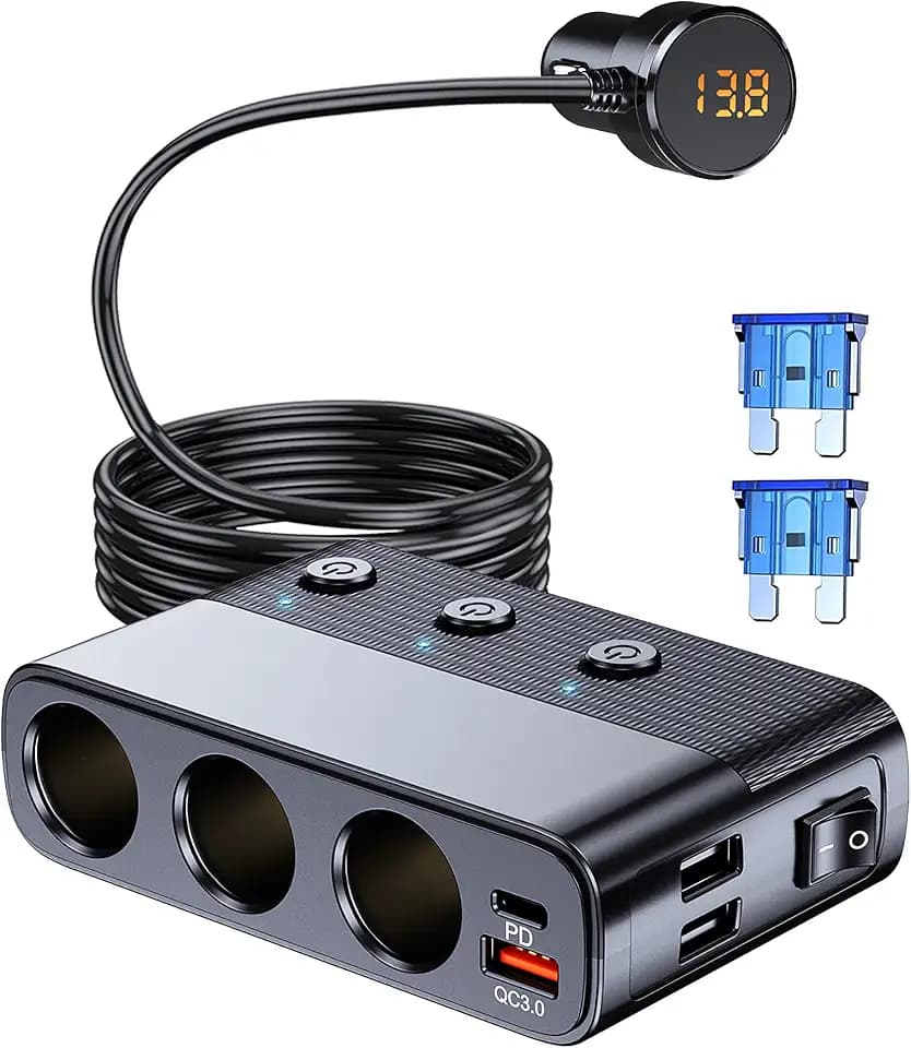 LIHAN 7-1 Cigarette Lighter Splitter, 3-Socket Adapter with PD 30W Type-C