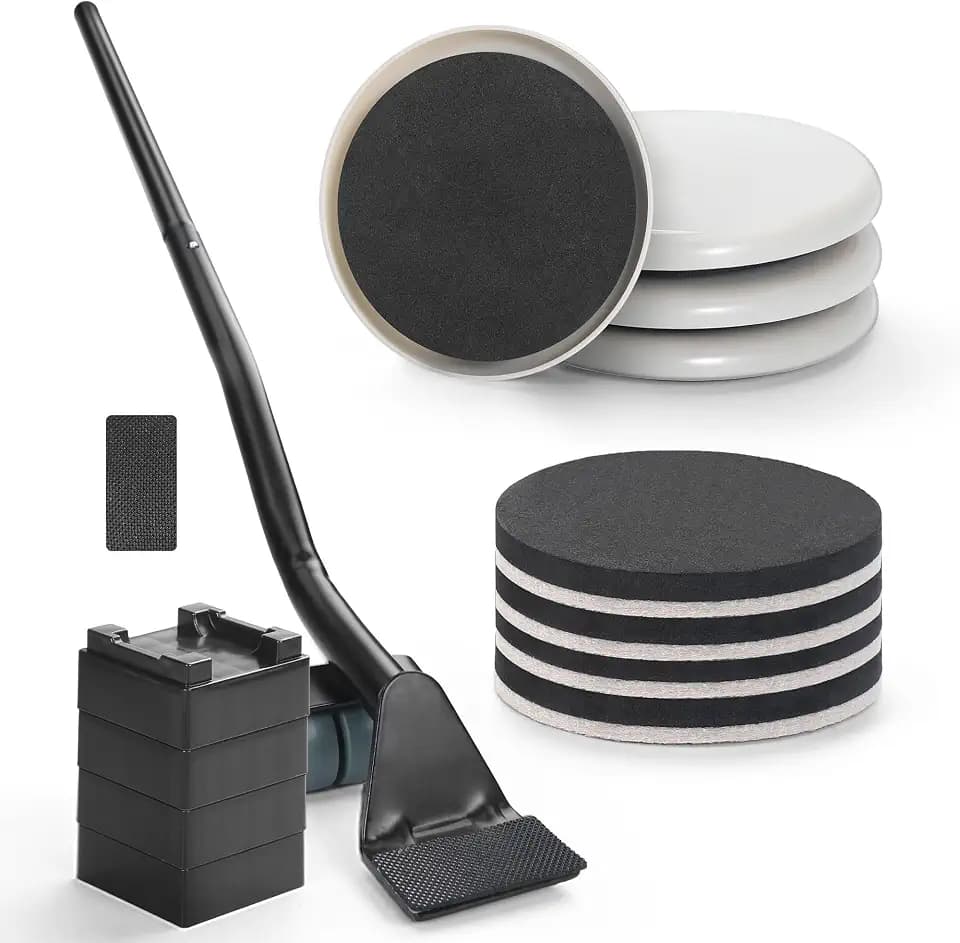 Furniture Lifter Tool + 8-Pack of 3.5" Sliders, Save 80% Effort, Safely and Easily, The Lift and Glide Tool Set for Heavy Furniture and Appliances, Reusable Moving Pads, Floor Protectors for Carpet