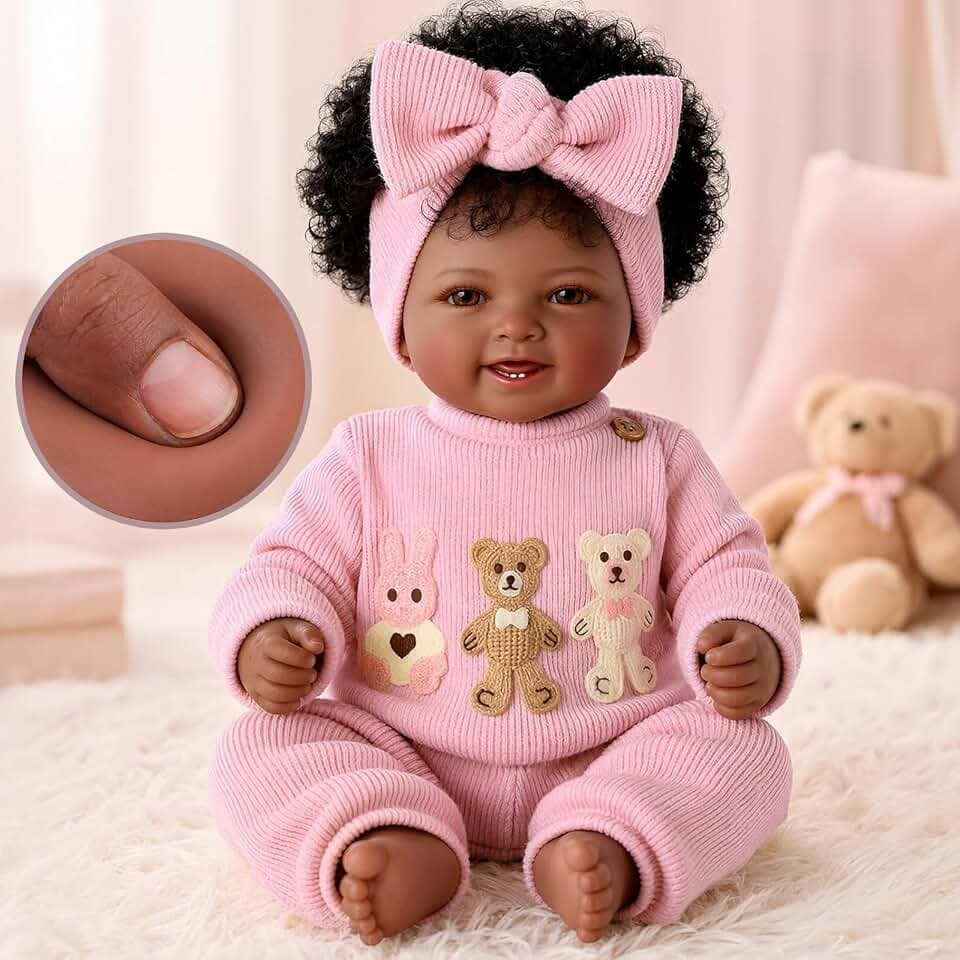 BABESIDE 17 Inch Reborn Baby Dolls Black with Curls, Soft Body