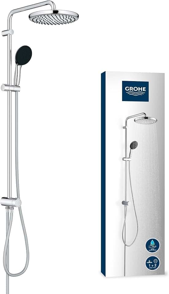 GROHE Vitalio 250, Duschset ohne Armatur, wassersparend, 8l pro Min (Regendusche für vorhandene Duscharmaturen, Duschkopf 2 Strahlarten, Duschstange 104cm, Duschsystem), rund, chrom, 26989001