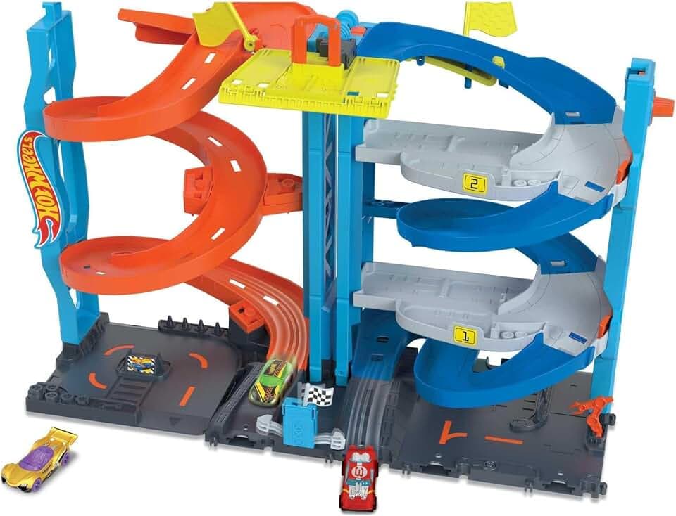 Hot Wheels City Transformierbarer Renn-Turm und 1 Spielzeugauto | 1:64 Fahrzeug und Streckenset, 2 Spielmodi, Single- oder Dual-Rennen, HKX43