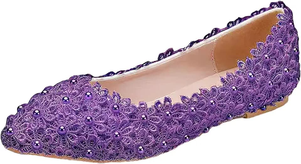 ANUFER Women's Elegant Flower Lace Pearls Bridal Shoes Pumps