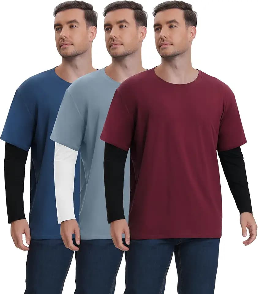 Kinglaman 1/6 Pack Long Sleeve + Short Sleeve Shirts for Men Stretch Tee