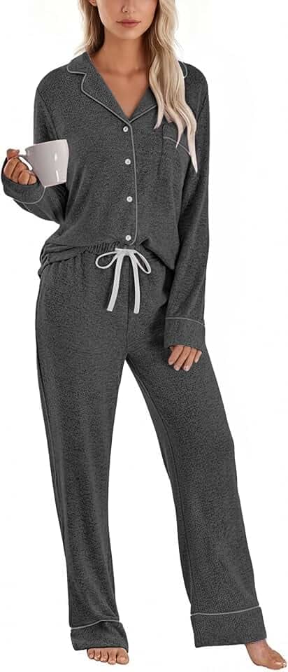 PJGGZ Womens Pajama Sets Long Sleeve, Soft Cozy Button Down Top & Drawstring Pants with Pockets 2 Piece Lounge Pjs S-XXL