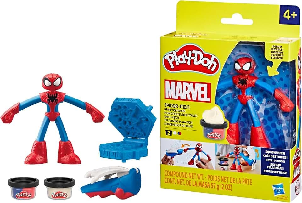 Play-Doh Spiderman Thwip Squisher, 2 Dosen Modelliermasse, Bastelset mit 10 cm große Actionfigur und Stempelformen, Superhelden-Figur mit Abzeichen, kreatives für Kinder ab 3 Jahren