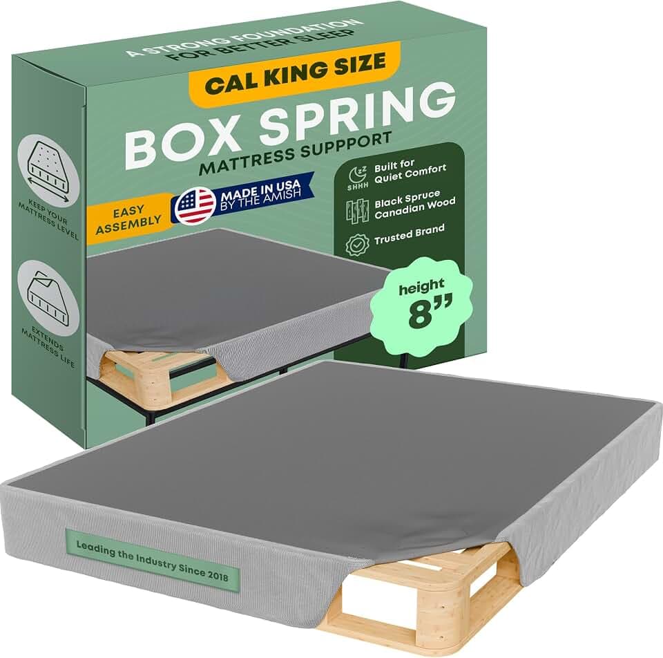 Greaton, 8” California King Box Spring for California King Bed – Amish-Made in the USA – Solid Wood Box Spring Mattress Foundation with Stable & Quiet Support – Flat-Packed & Easy Assembly – Grey