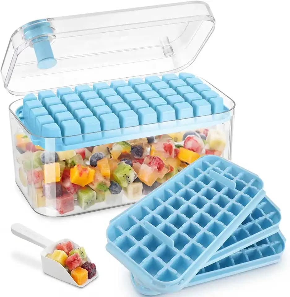 Eiswürfelform,Eisbehälter mit Deckel 150 Eiswürfel,inkl. 3 Eiswürfel-Tablett, 1 Eisschaufel, BPA-frei, lebensmittelechtes Material, Ideal für Whisky, Cocktails, Kaffee, Getränke. (Blau)