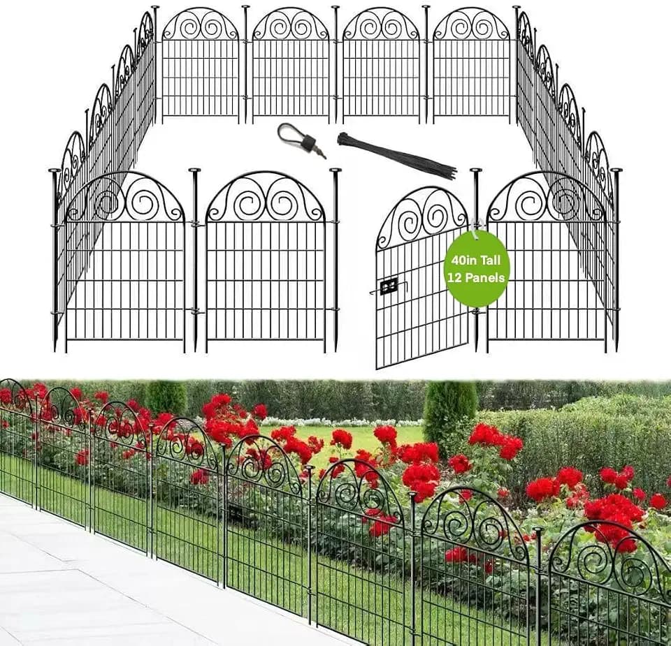 Getlay Tall Garden Fence Animal Barrier with Gate, 40 in(H) 12 Panels Garden Fences and Borders for Dogs, Dog Fence Outdoor for Yard, Total Length 26.2 Ft Metal Temporary Fencing│Patented