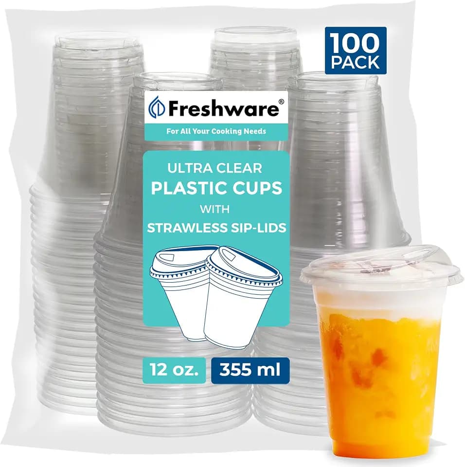 Freshware 12 oz Clear Disposable Plastic Cups with Strawless Sip Lids, 100 Pack Clear Plastic Cups Tumblers, Heavy-duty Party Glasses, Disposable Cup for Thanksgiving, Halloween, Christmas Party